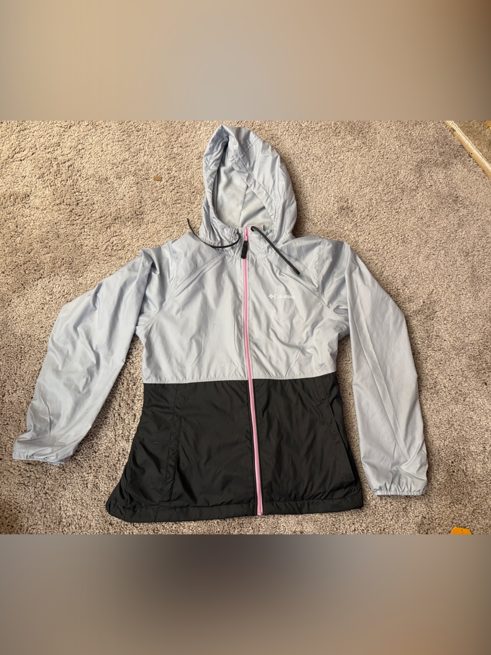 Light Gray and Black Hooded Windbreaker with Pink Zip